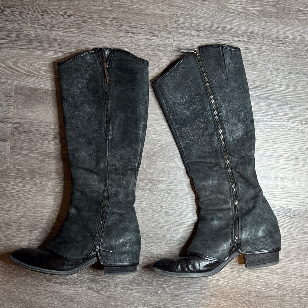 Donald Pliner Black Suede and Leather Knee-High Women's Boots - Picture 2 of 14